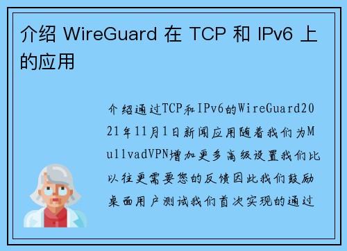 介绍 WireGuard 在 TCP 和 IPv6 上的应用 